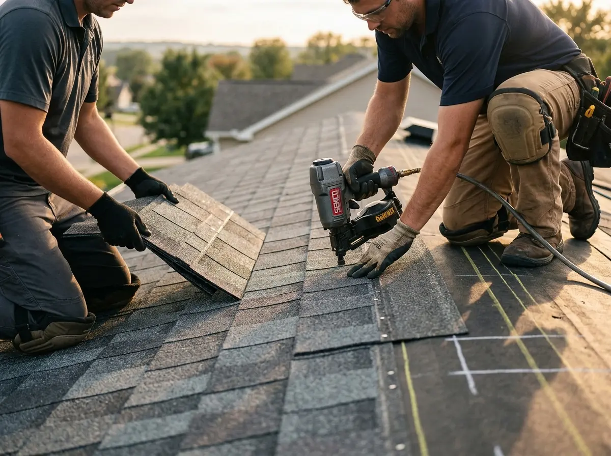 Professional roofer working on a residential roof in McNair